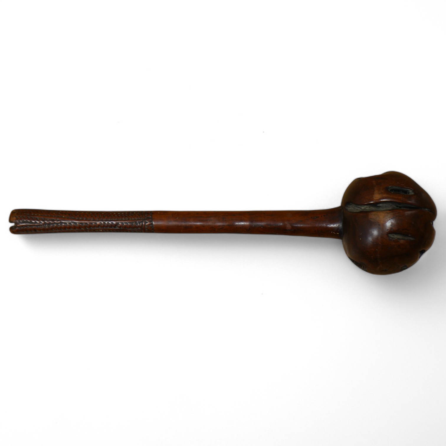 A 19th century Fiji hardwood throwing club, Ula, 39cm long, bulbous head with incisions, the grip carved with zigzag decoration. Condition - good, formerly with bone inlay to the head